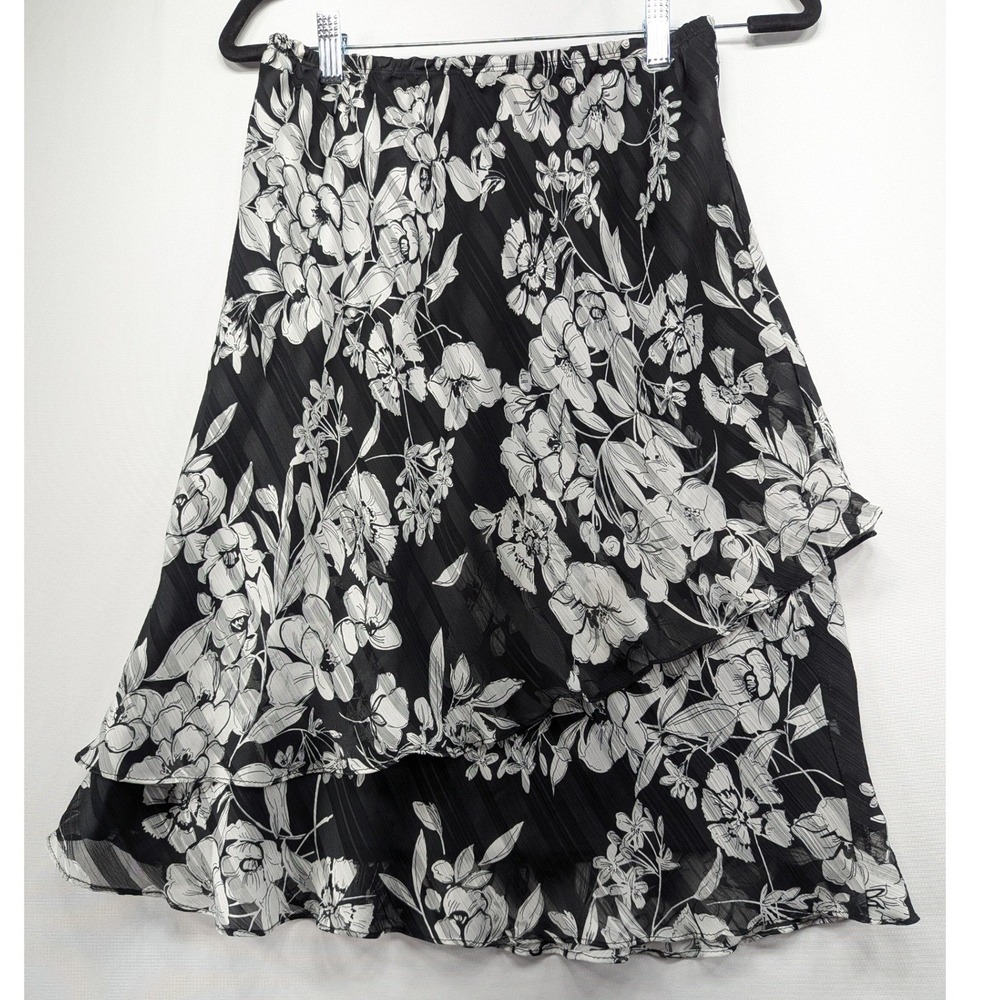 Kathy Roberts Black White Floral Tiered Chiffon‎ Skirt Size 10 Made in USA